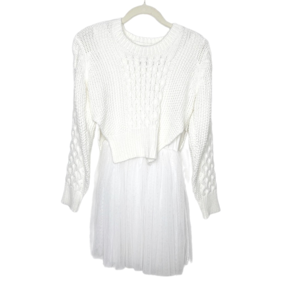 UNIF | White Cropped Cable Knit Sweater Tulle Dress Set Christmas XS